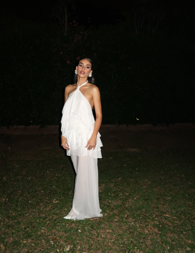 Simple Sheath Halter Tiered White Chiffon Prom Dress Evening Dress DP1908