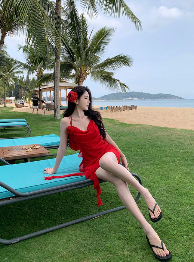 Backless Sheath Strap Red Chiffon Homecoming Dress Vacation Dress Outfits DP3407
