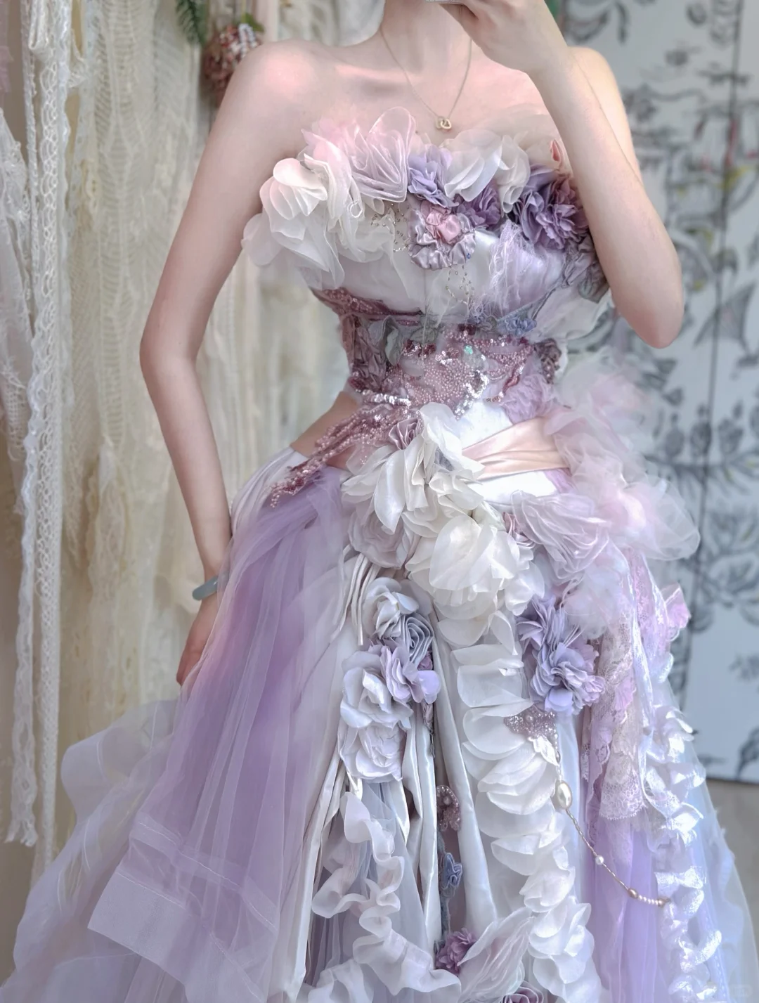 Purple Ball Gown Strapless Exquisite Floral Tulle Prom Dress 18th Birthday Dress DP4146