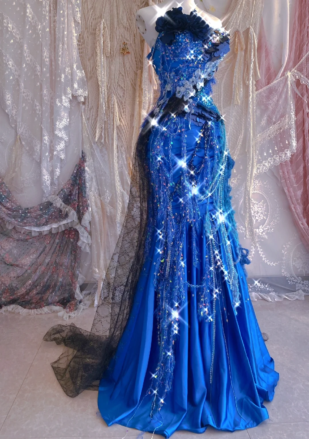 Stunning Blue Mermaid Strapless Floral Beaded Satin Prom Dress 16th Birthday Dress DP3766