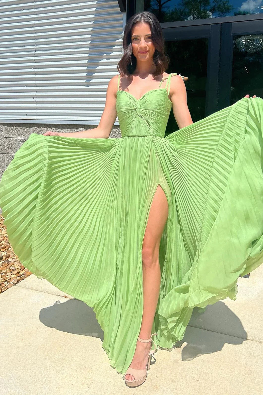 Green Spaghetti Strap Chiffon Prom Dress Evening Dress with Slit DP1051