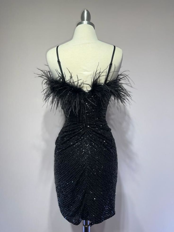 Spaghetti Straps Sheath Black Sequin Feathers Homecoming Dress Cocktail Dress DP356