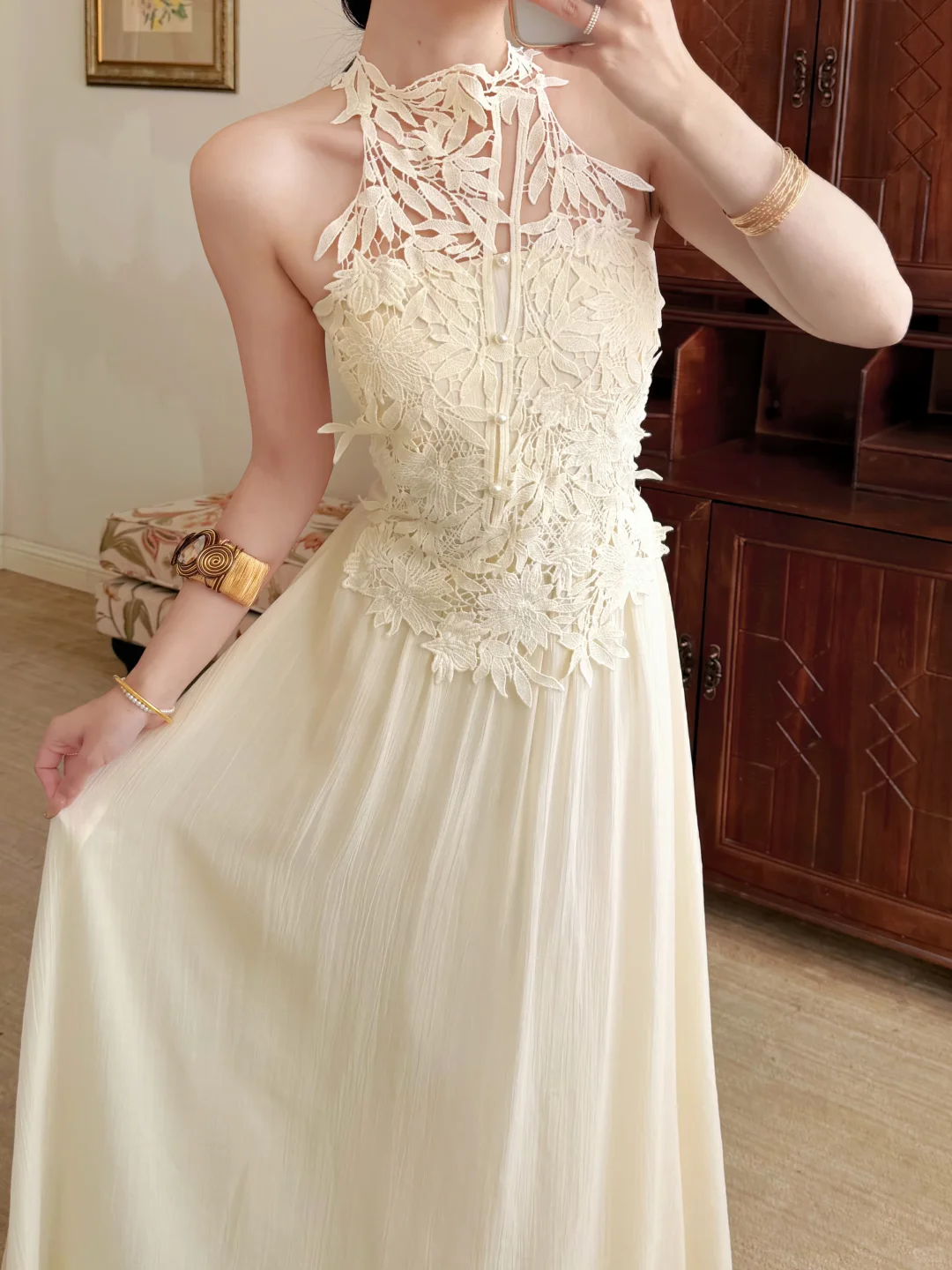 Elegant Ivory A Line Halter Lace Chiffon Long Prom Dress Evening Dress DP6463
