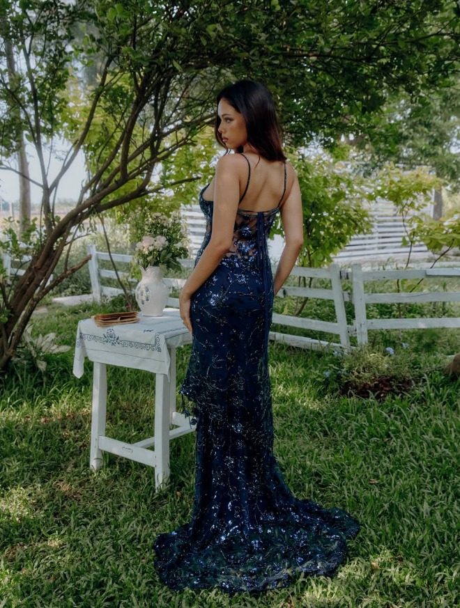 Exquisite Navy Blue Floral Beaded Sequin Tulle Long Evening Gown Prom Gown DP2918