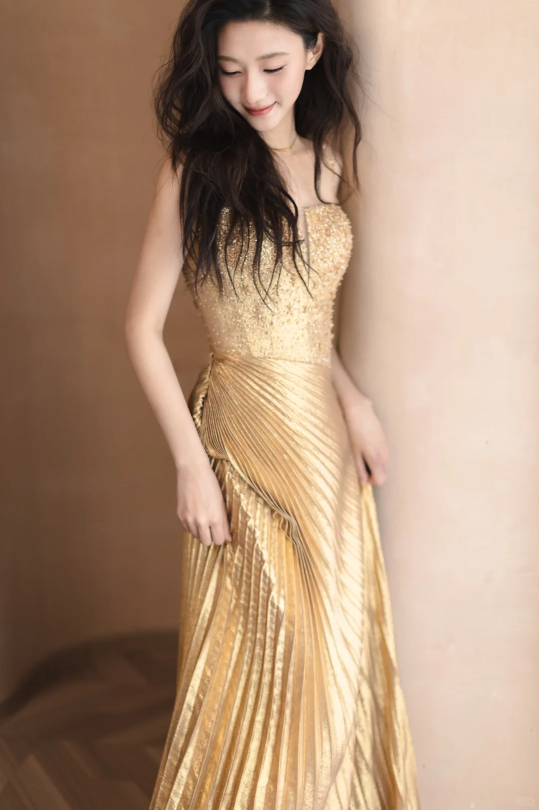 Golden A Line Spaghetti Strap Beaded Pleated Satin Long Prom Dress Formal Dress DP3331