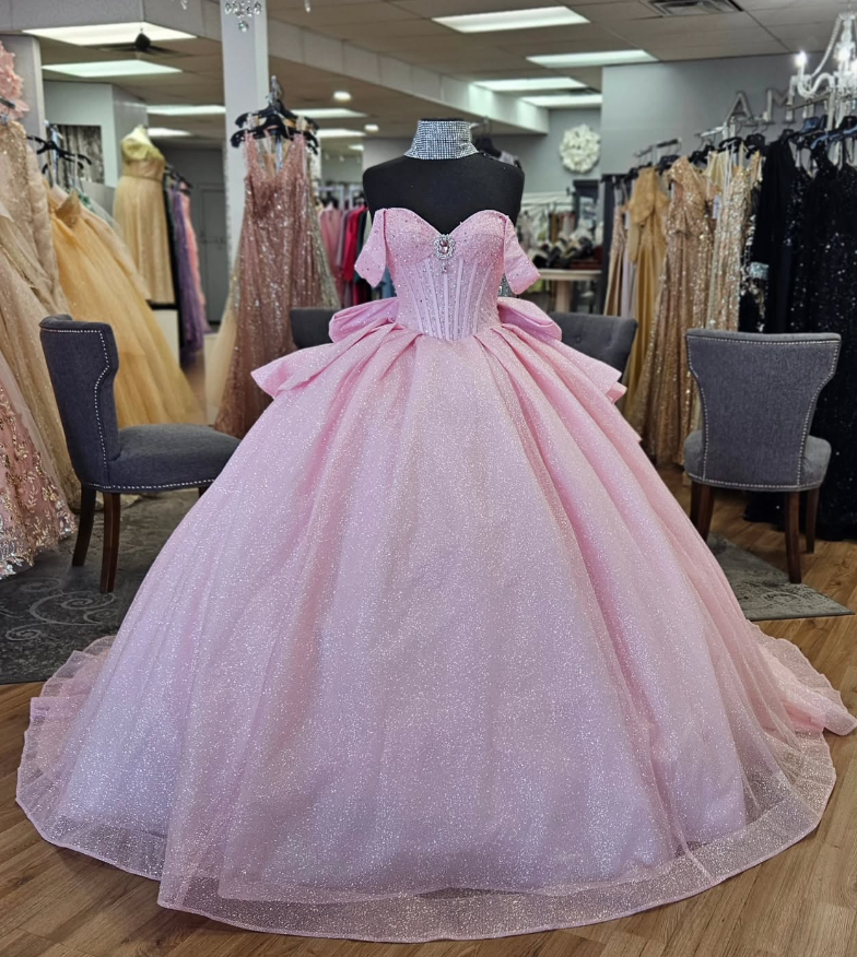 Pink Off the Shoulder Corset Sequin Tulle Ball Gown Sweet 16 Dress Quinceanera Dress DP1740