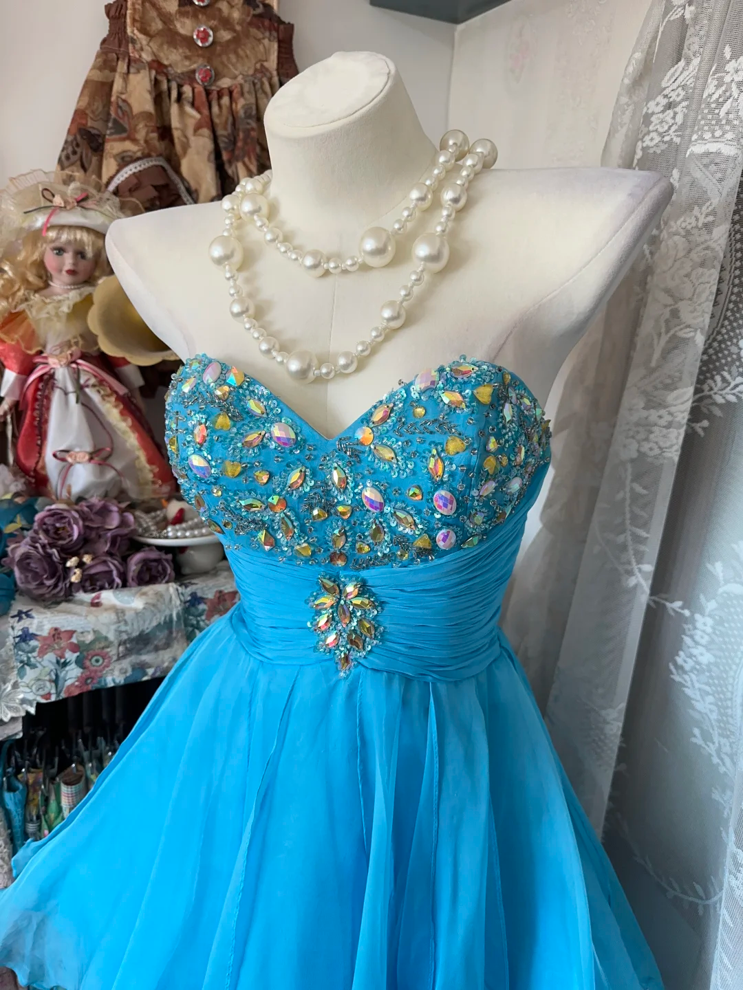 Vintage Blue A Line Sweetheart Neck Beaded Chiffon Short Homecoming Dress DP4861