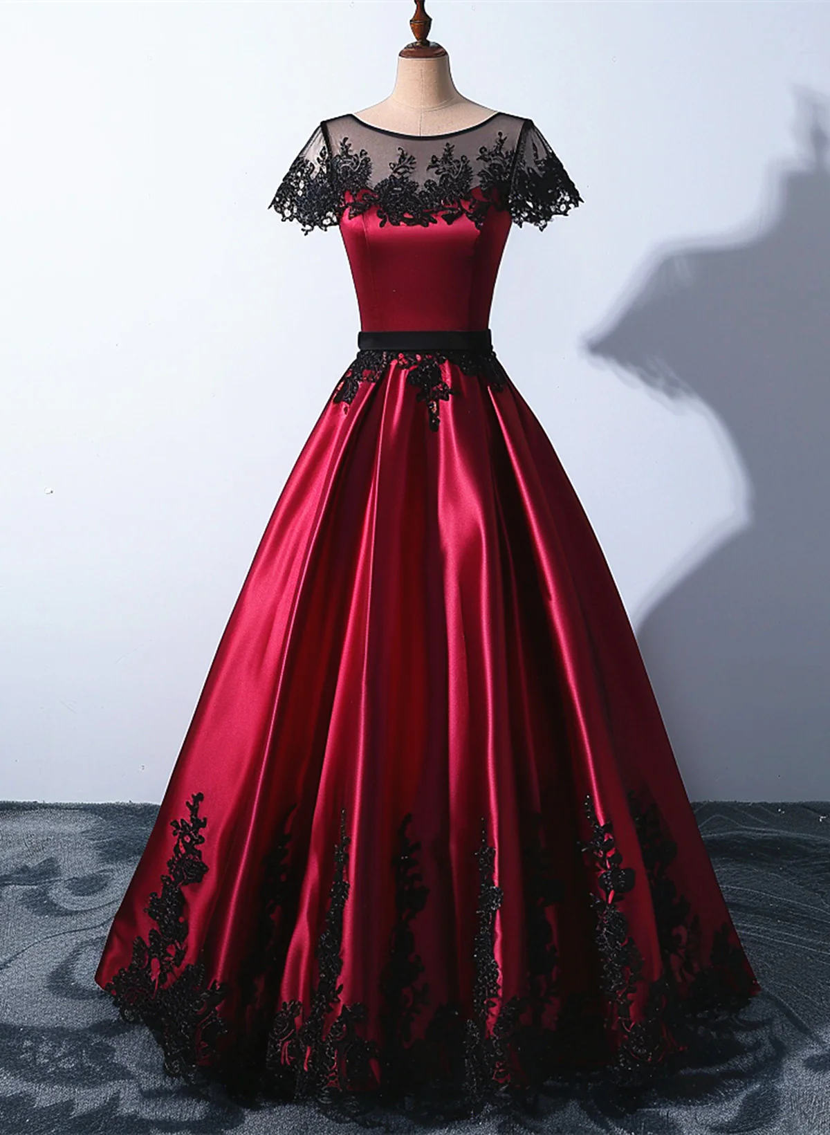 Burgundy Satin Black Lace A Line Party Dress Prom Dress DP300