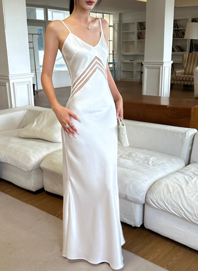 Simple White Mermaid Spaghetti Strap Satin Prom Dress Date Dress Outfits DP3458