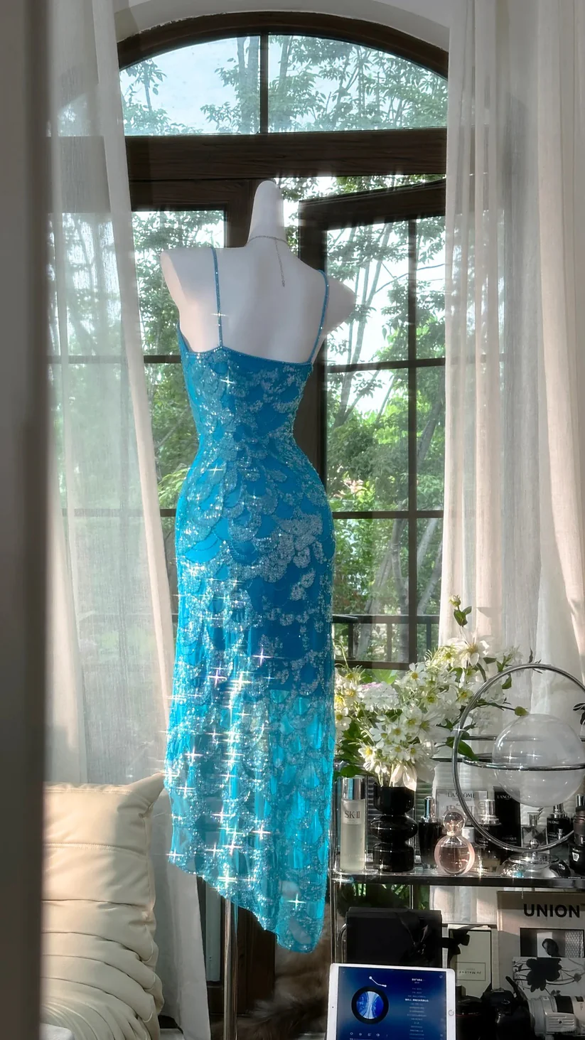 Blue Sparkling Sequin Long Tulle Ball Gown Evening Gown Birthday Gown Wedding Gown DP2913