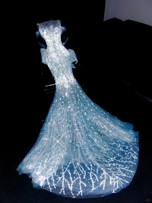 Shiny Mermaid Sequin Tulle Long Sweep Prom Dress Evening Dress with Bow DP2692