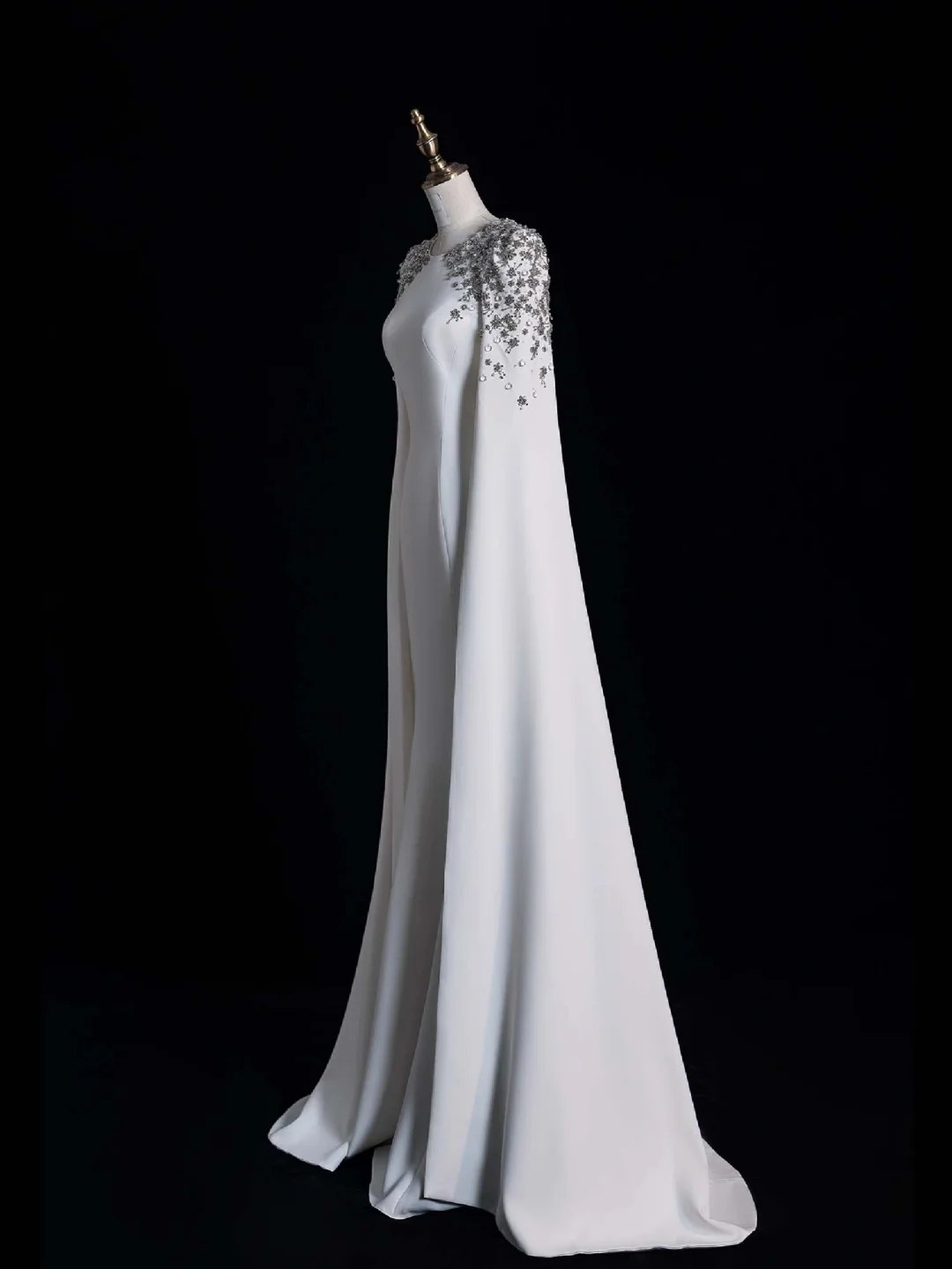 Elegant Mermaid Round Long Sleeve Beaded White Satin Party Dress Evening Dress DP2286