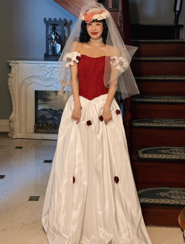 Classic Ball Gown Off the Shoulder Red Floral White Satin Prom Dress 16th Birthday Dress DP3568
