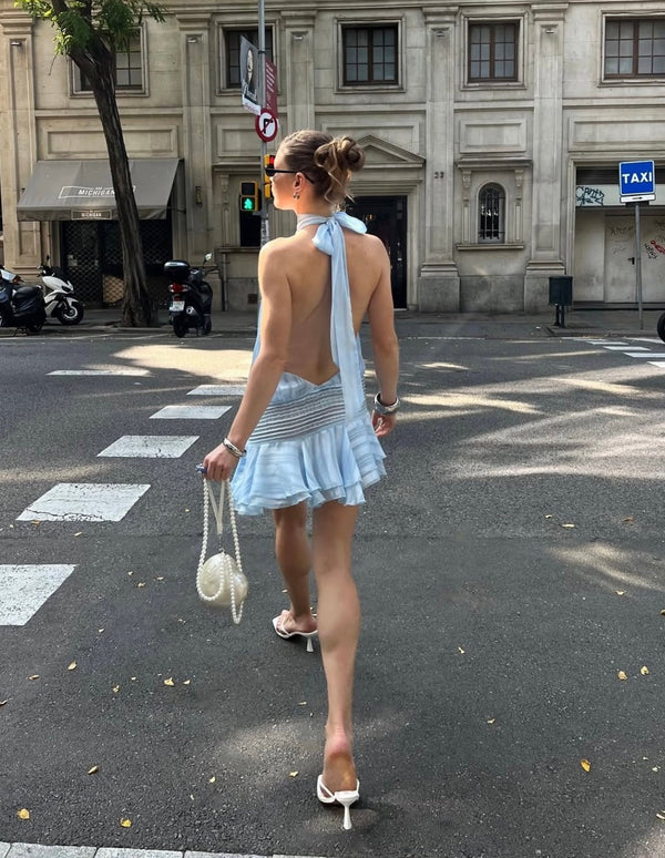 Blue A Line Halter Satin Short Open Back Homecoming Dress Birthday Dress DP4015