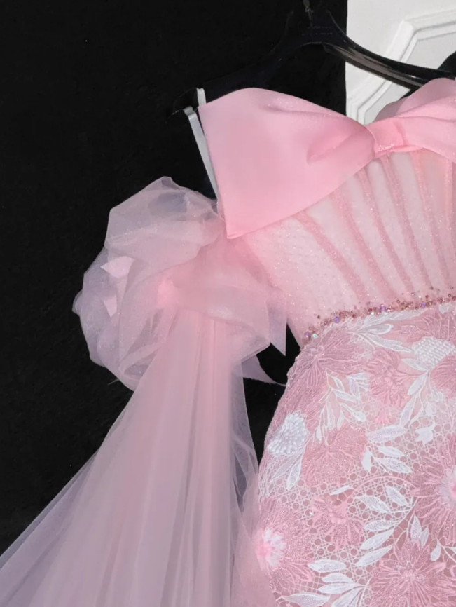 Pink Princess A Line Long Sleeve Organza Lace Prom Dress Birthday Dress Party Dress DP3087