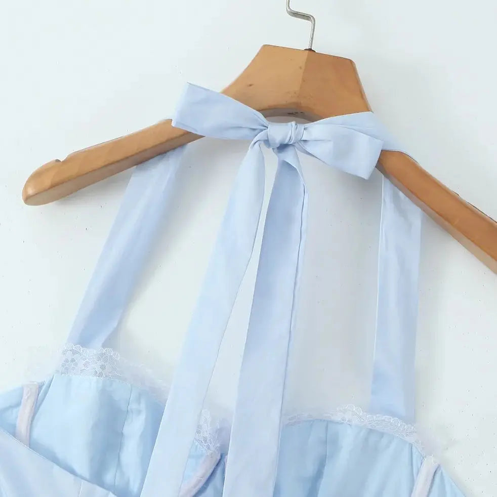 Sky Blue A Line Halter Lace Satin Short Homecoming Dress Evening Dress DP1288