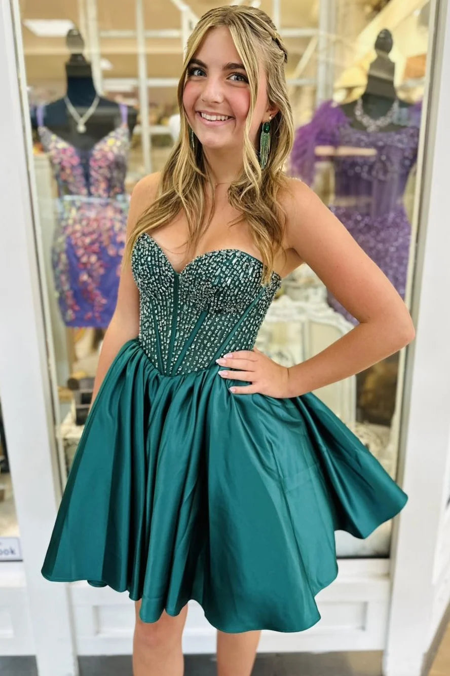 Emerald Satin Homecoming Dress with Beaded Corset Bodice and Sweetheart Neckline DP7341