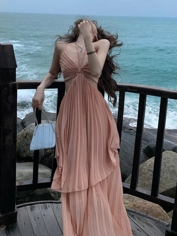 Sexy A Line Spaghetti Straps Chiffon Open Back Evening Dress Outfits DP1458