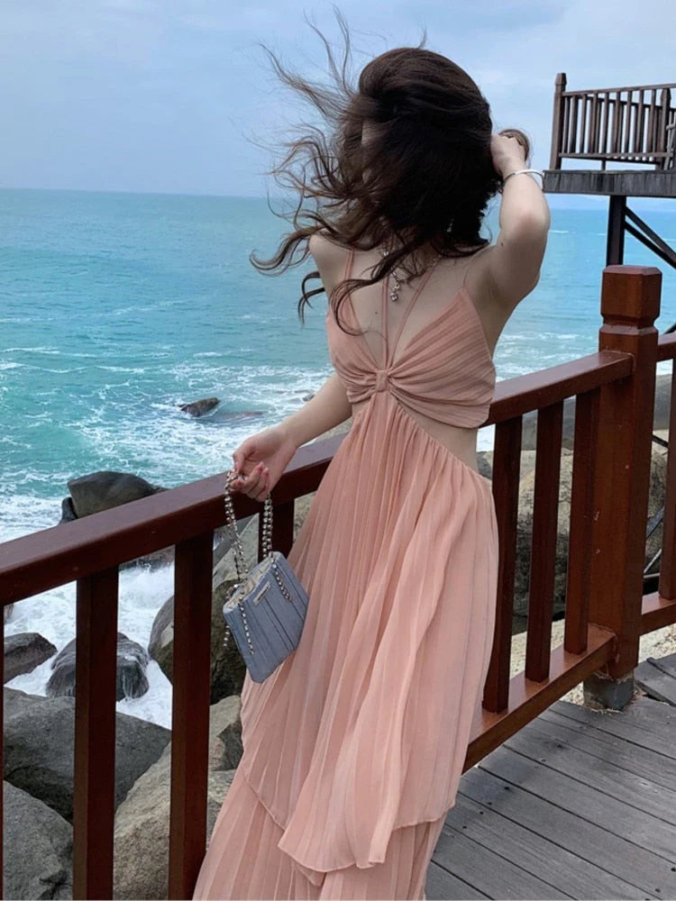 Sexy A Line Spaghetti Straps Chiffon Open Back Evening Dress Outfits DP1458