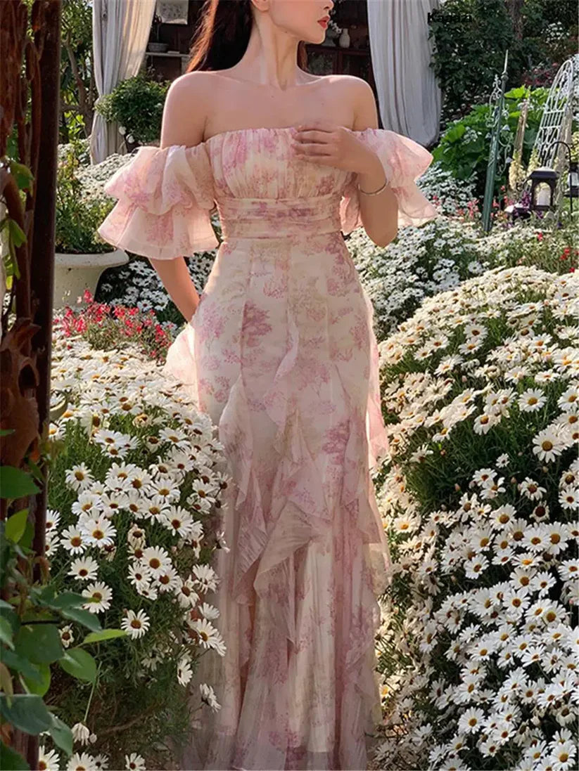 Pretty Mermaid Off the Shoulder Print Floral Chiffon Evening Dress Prom Dress DP1447