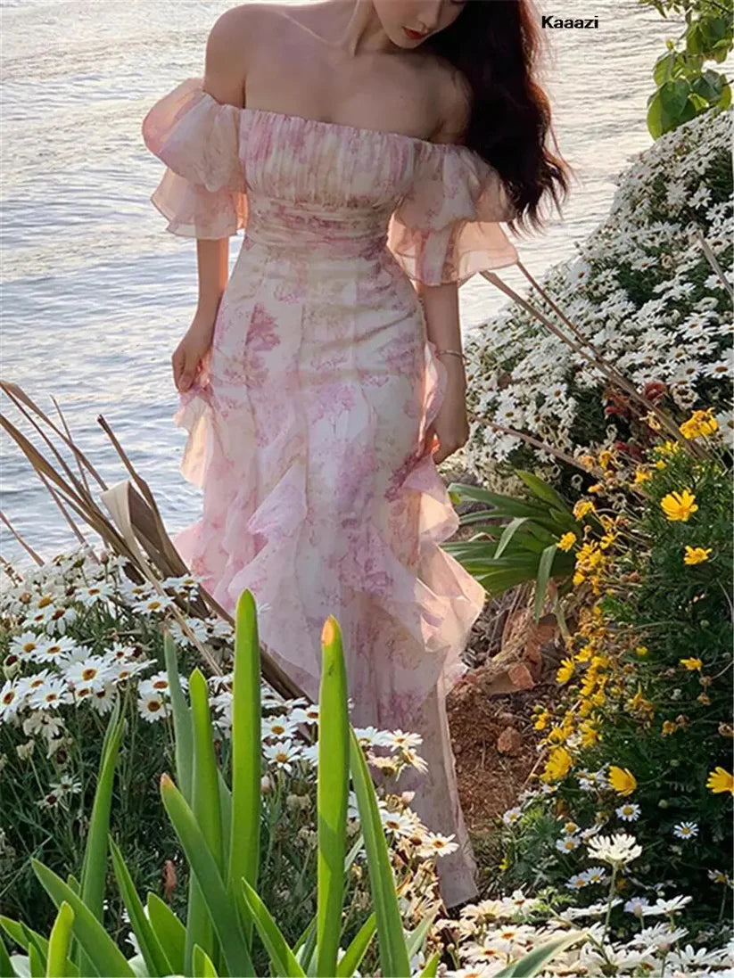 Pretty Mermaid Off the Shoulder Print Floral Chiffon Evening Dress Prom Dress DP1447