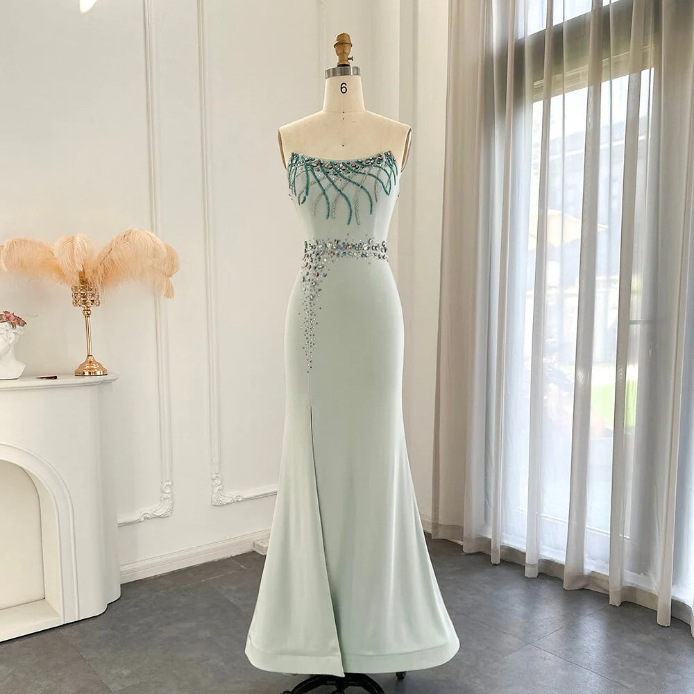 Luxury Mermaid Strapless Crystal Satin Evening Dress Prom Dress With Slit DP954