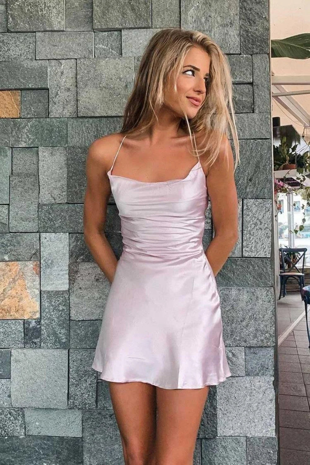 Classic A Line Spaghetti Straps Light Pink Short Homecoming Dress with Criss Cross Back DP7279