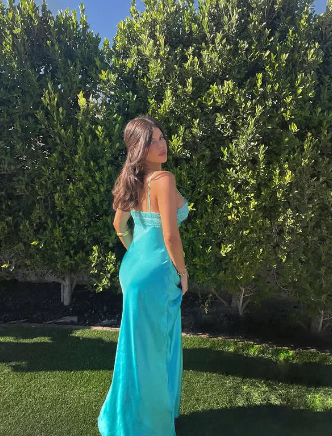 Simple Lake Blue A Line Spaghetti Strap Lace Satin Prom Dress DP5985