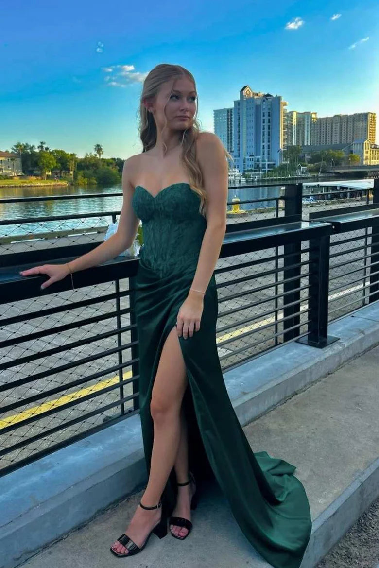 Mermaid Sweetheart Neck Appliques Satin Long Prom Dress with High Slit DP1169