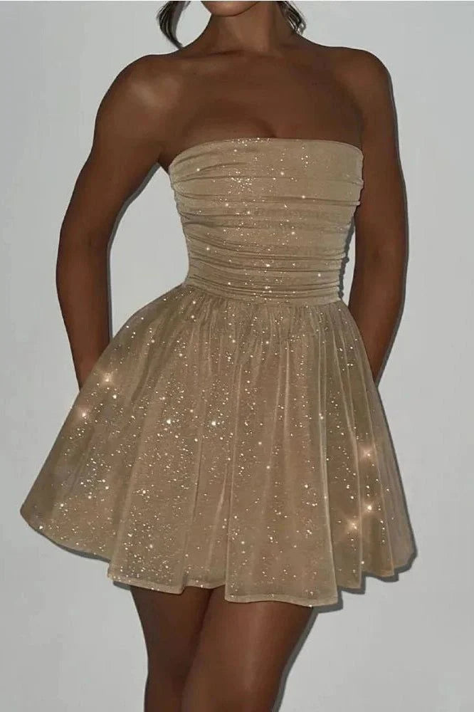Charming A Line Strapless Champagne Sequin Tulle Short Homecoming Dress Evening Dress DP1572