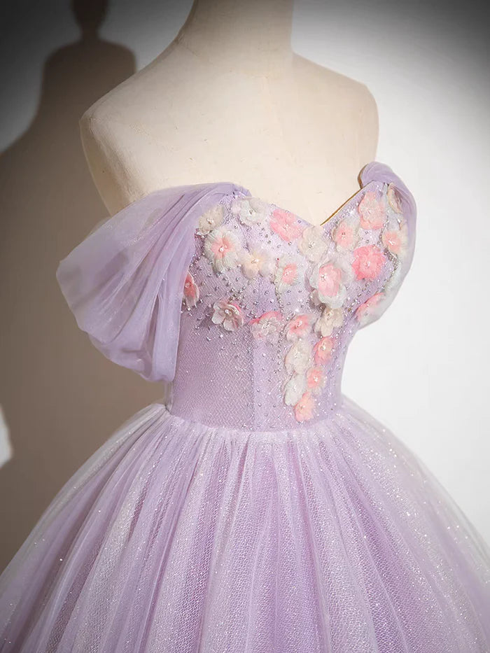 Elegant A Line Off the Shoulder Appliques Tulle Prom Dress Ball Gown DP1130