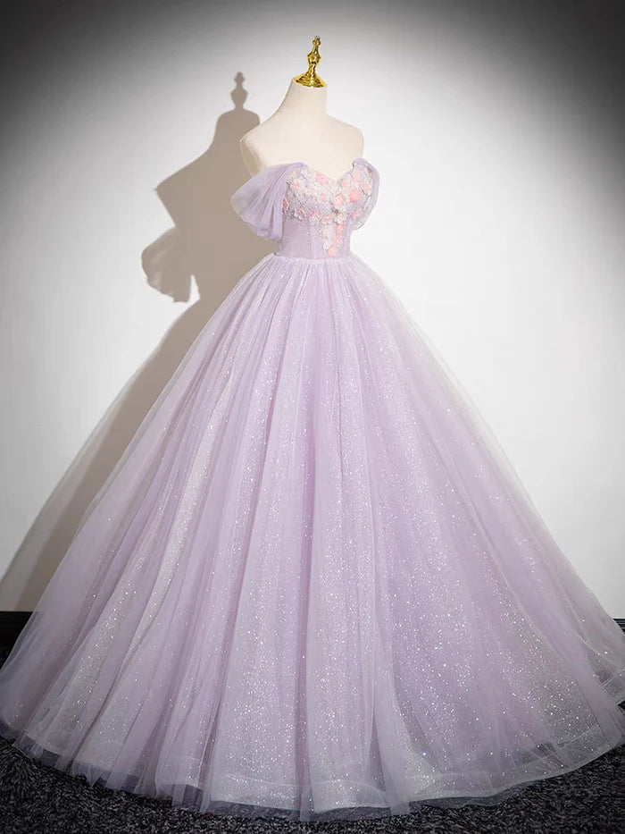 Elegant A Line Off the Shoulder Appliques Tulle Prom Dress Ball Gown DP1130