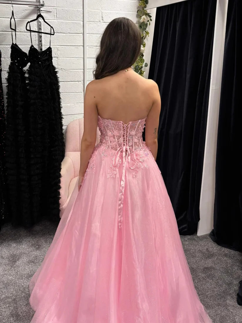 Cute Pink A Line Sweetheart Neck Floral Tulle Evening Dress Prom Dress DP7662