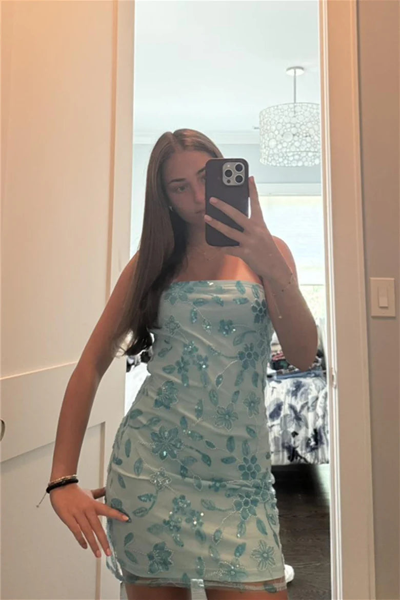 Blue Sheath Strapless Exquisite Beaded Tulle Short Homecoming Dress Mini Dress Outfits DP5889