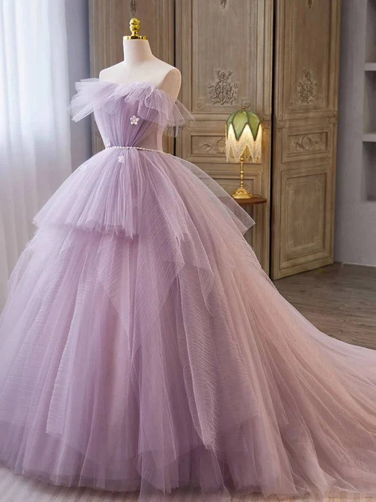 Lilac Strapless Pearls Appliques Tulle Long Prom Dresses Ball Gown DP1001