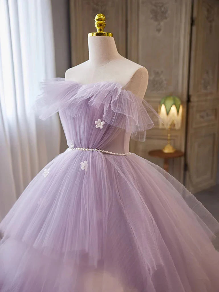 Lilac Strapless Pearls Appliques Tulle Long Prom Dresses Ball Gown DP1001