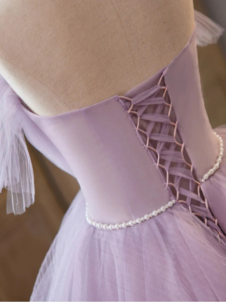 Lilac Strapless Pearls Appliques Tulle Long Prom Dresses Ball Gown DP1001