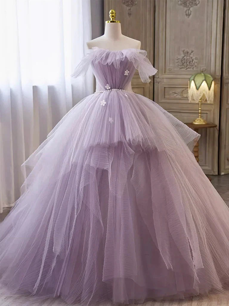 Lilac Strapless Pearls Appliques Tulle Long Prom Dresses Ball Gown DP1001