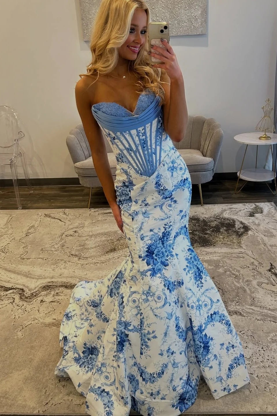 Stunning Mermaid Sweetheart Blue Floral Printed Long Prom Dress with Appliques DP7496