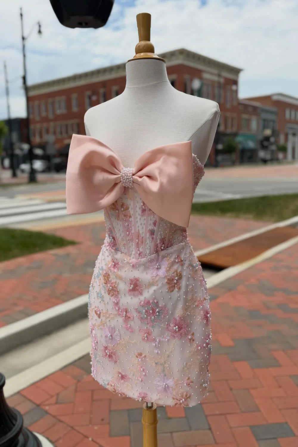 Sweet Blush Pink Strapless Party Dress with Bow Accent and Sparkly Floral Embellishment DP7328