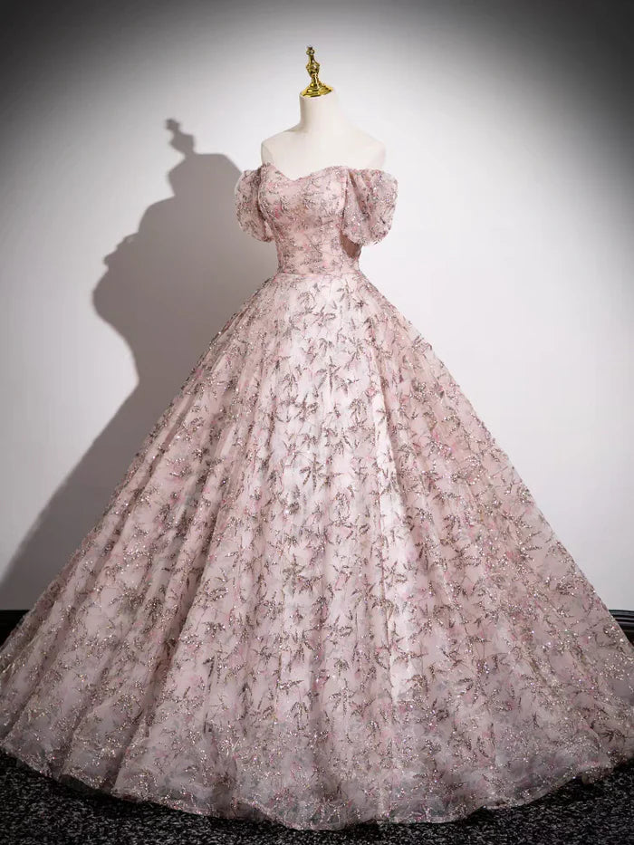 Off the Shoulder Ball Gown Pink Sequins Lace Prom Dress Quinceanera Gown DP1148