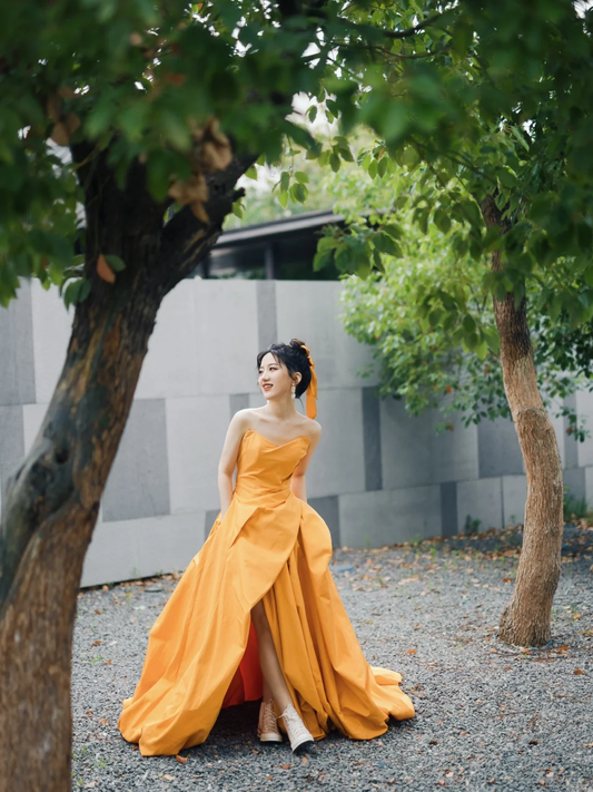 Simple A Line Sweetheart Neck Yellow Satin Long Party Dress Prom Dress DP2534