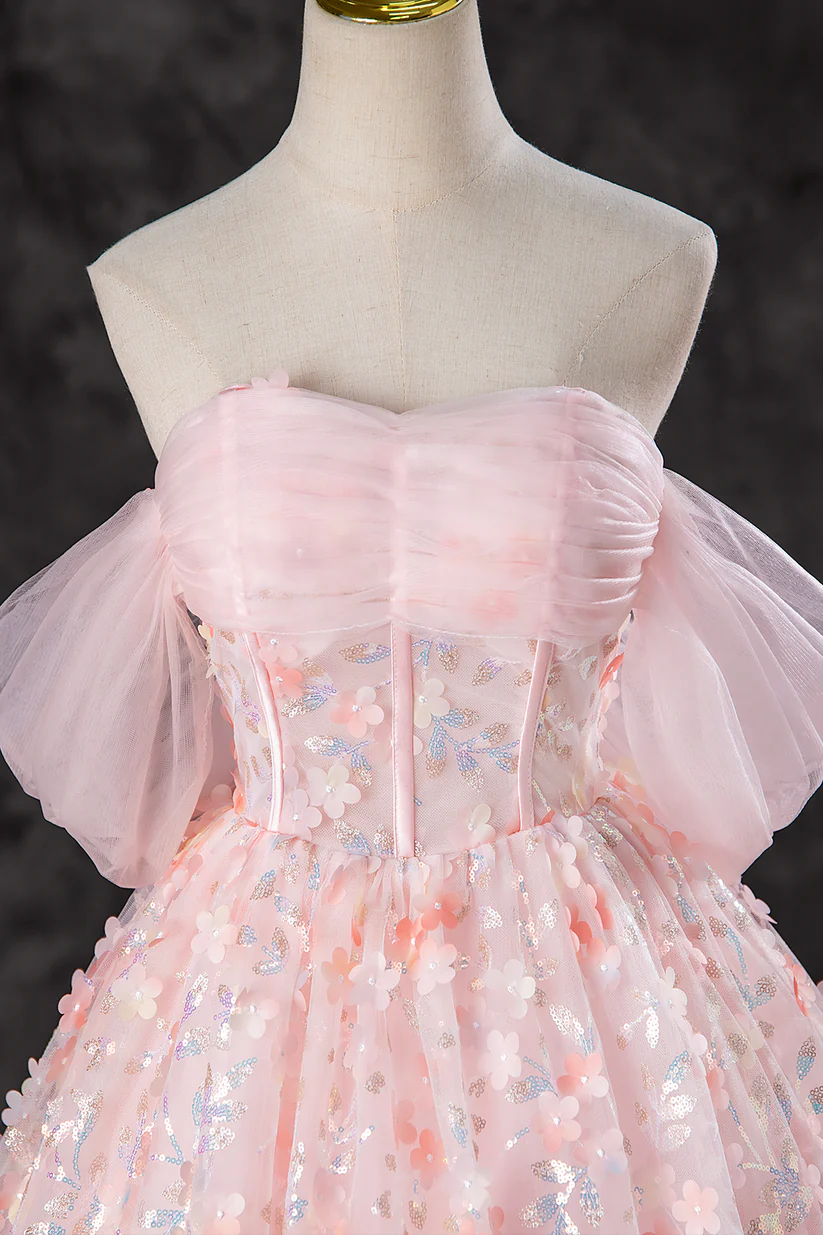 Pink Tulle Flowers Long Formal Dress Off the Shoulder Evening Party Dress DP490