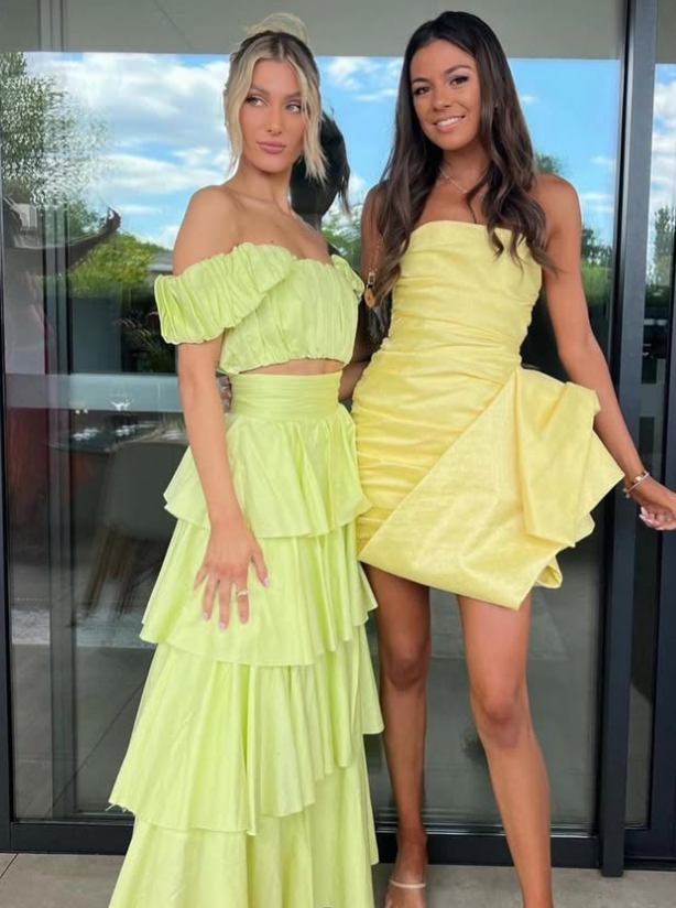 Two Piece A Line Off the Shoulder Layered Satin Long Prom Dress Outfits DP1283