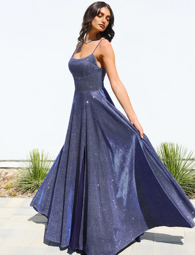 Shiny Blue Spaghetti Strap Sequin Long Prom Dress Evening Dress DP6761