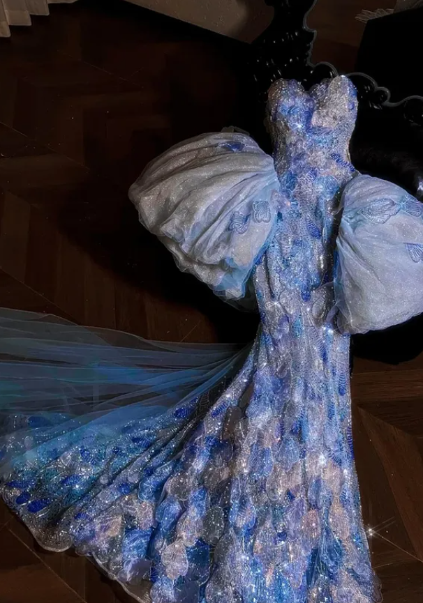 Blue Mermaid Sweetheart Neck Exquisite Rhinestone Layered Sequin Tulle Long Prom Dress DP4637