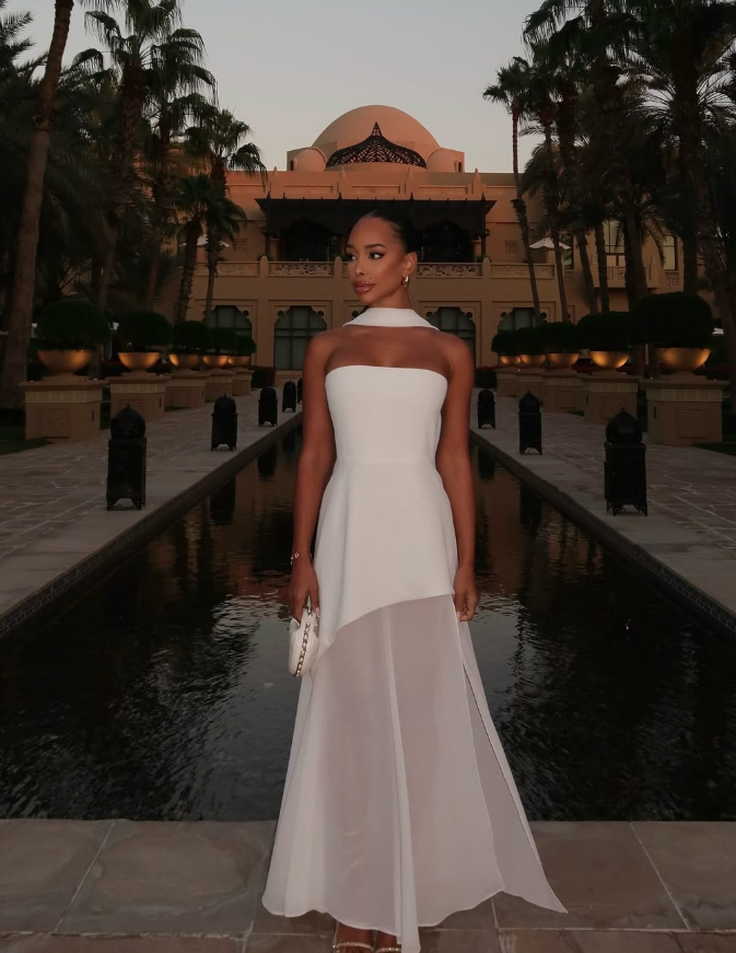 White Flowy Simple A Line Strapless Satin Chiffon Prom Dress Formal Dress with Slit DP3216