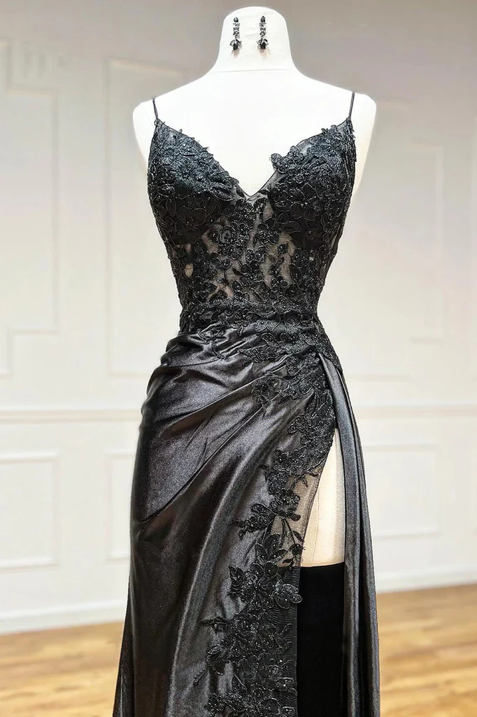 Elegant Spaghetti Straps Prom Dress Black Satin Sheath Appliques Long Formal Evening with Slits DP2125