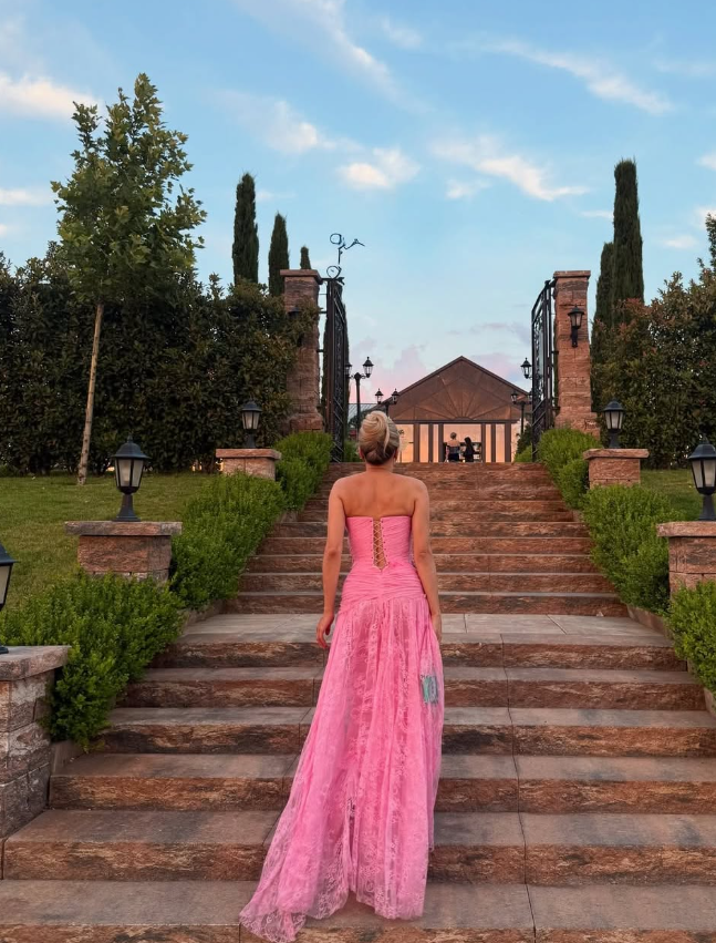 Elegant A Line Strapless Pink Lace Prom Dress Party Dress Wedding Guest Dress with Slit DP3488