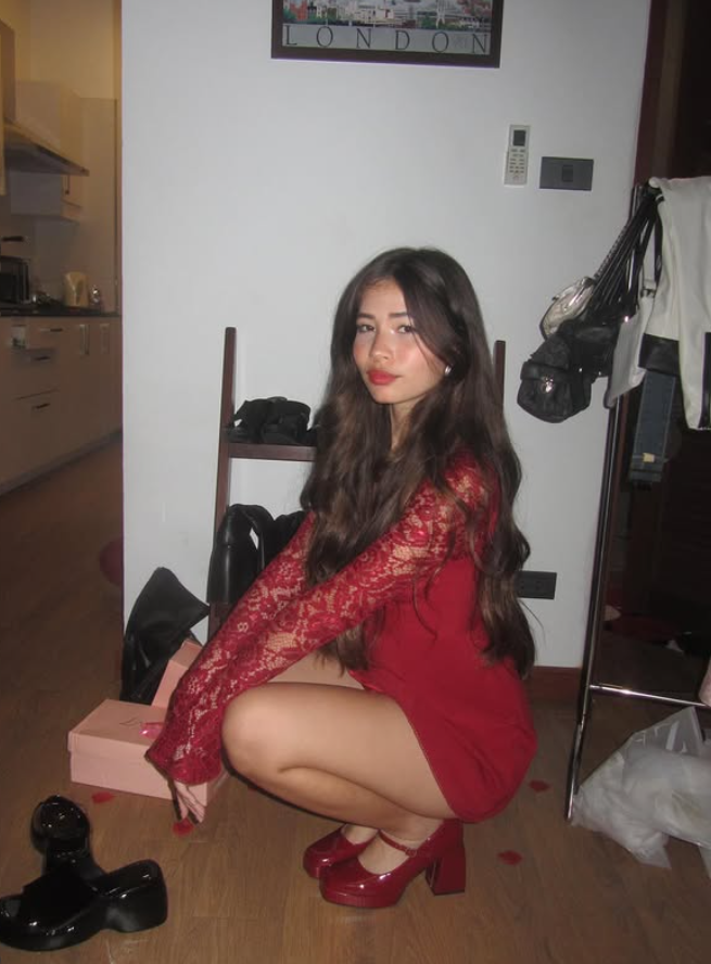 Red A Line Long Sleeve Lace Satin Short Homecoming Dress Date Dress DP3986